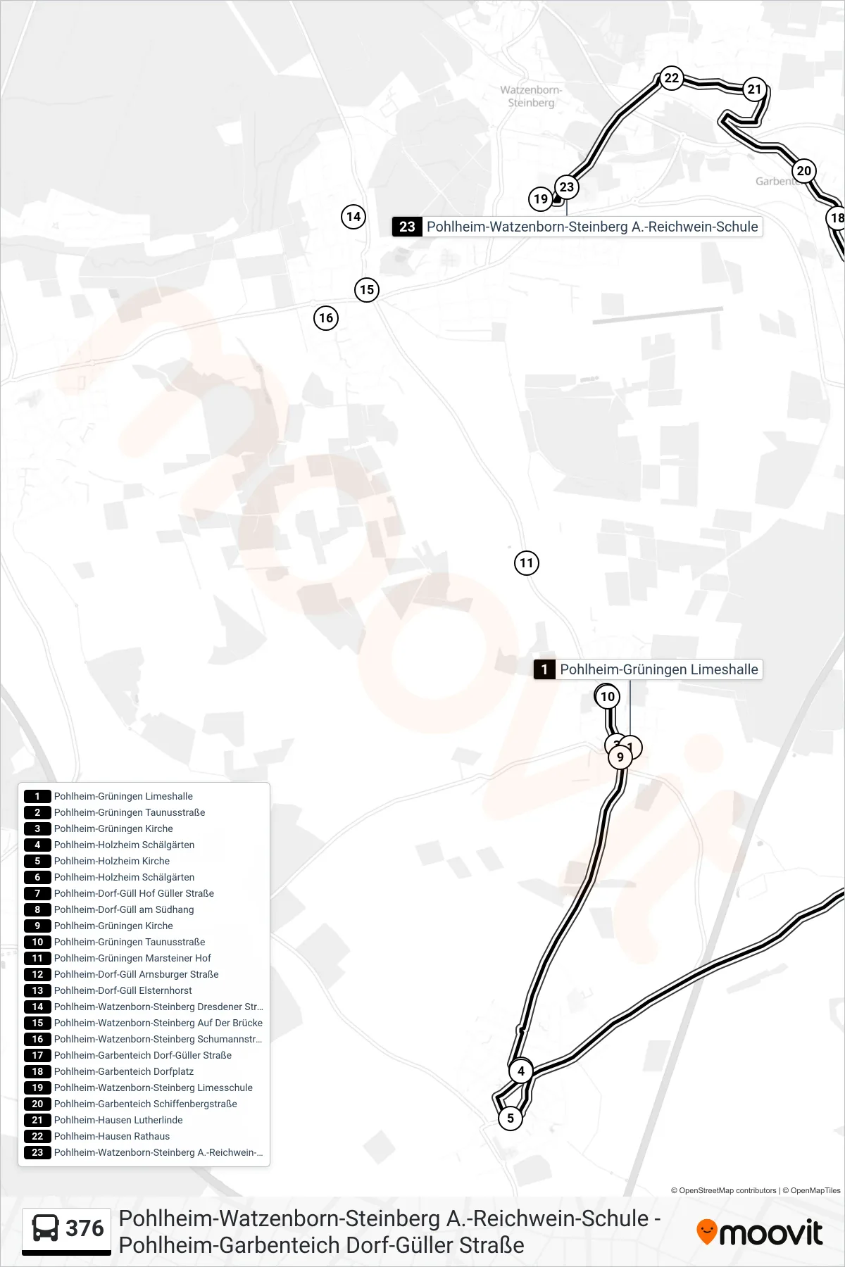 376 bus Line (Pohlheim-Watzenborn-Steinberg A.-Reichwein-Schule) route and stops on a map