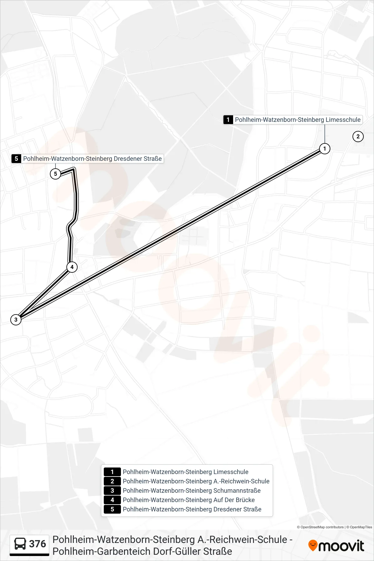 376 bus Line (Pohlheim-Watzenborn-Steinberg Dresdener Straße) route and stops on a map