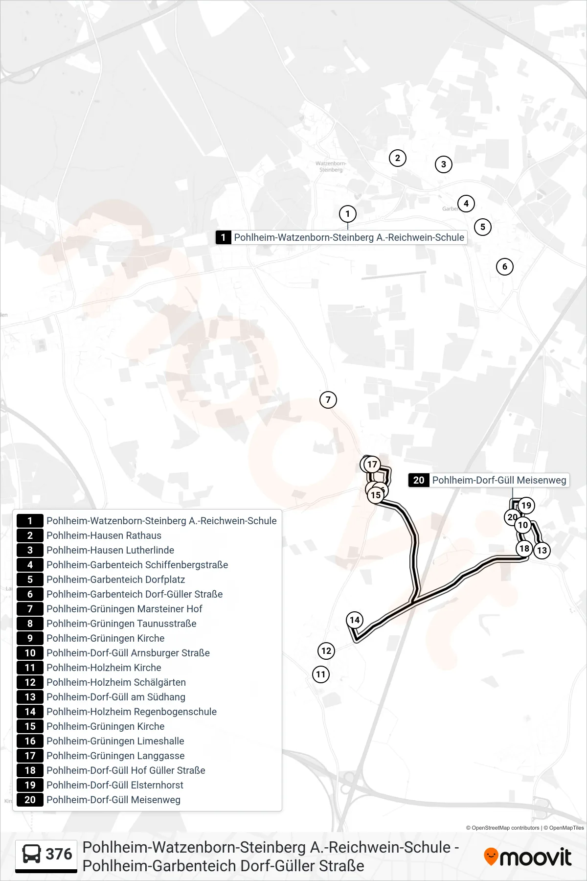 376 bus Line (Pohlheim-Dorf-Güll am Südhang) route and stops on a map
