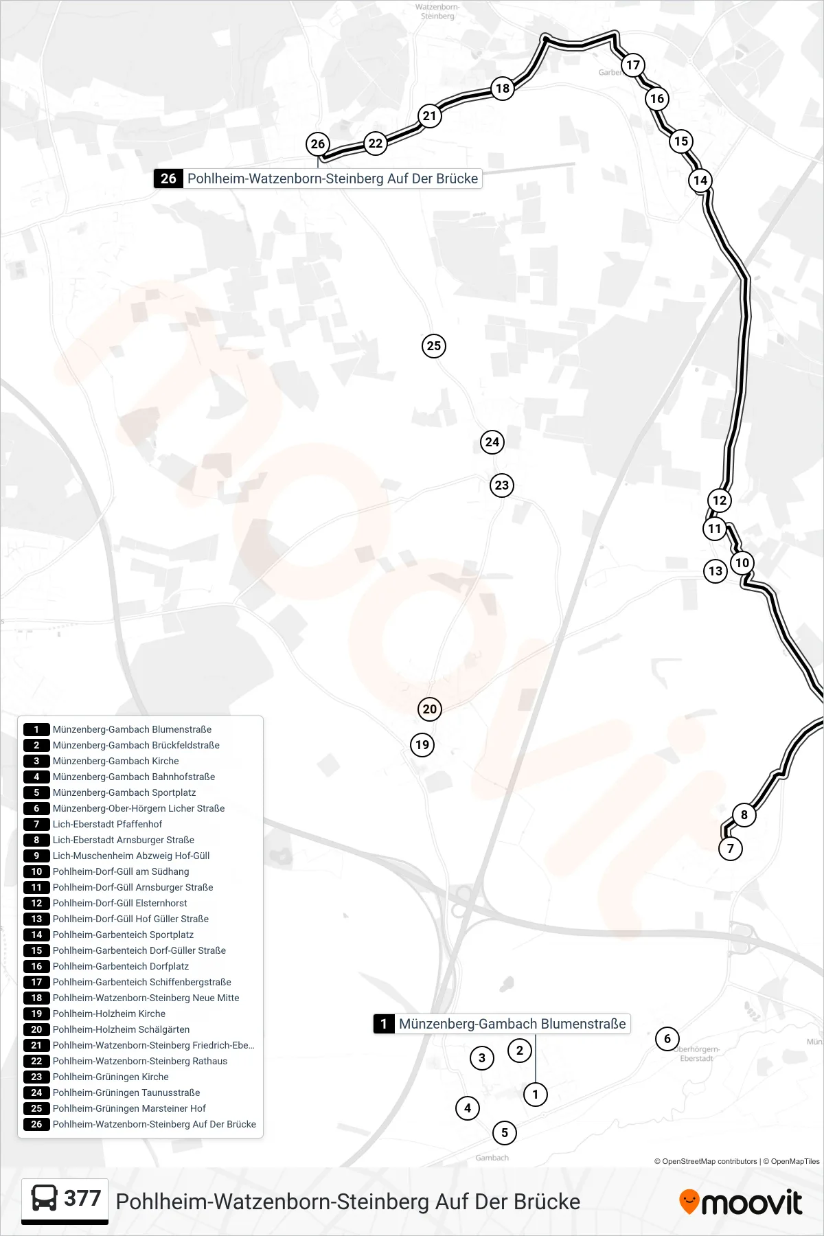 377 bus Line (Pohlheim-Watzenborn-Steinberg Auf Der Brücke) route and stops on a map
