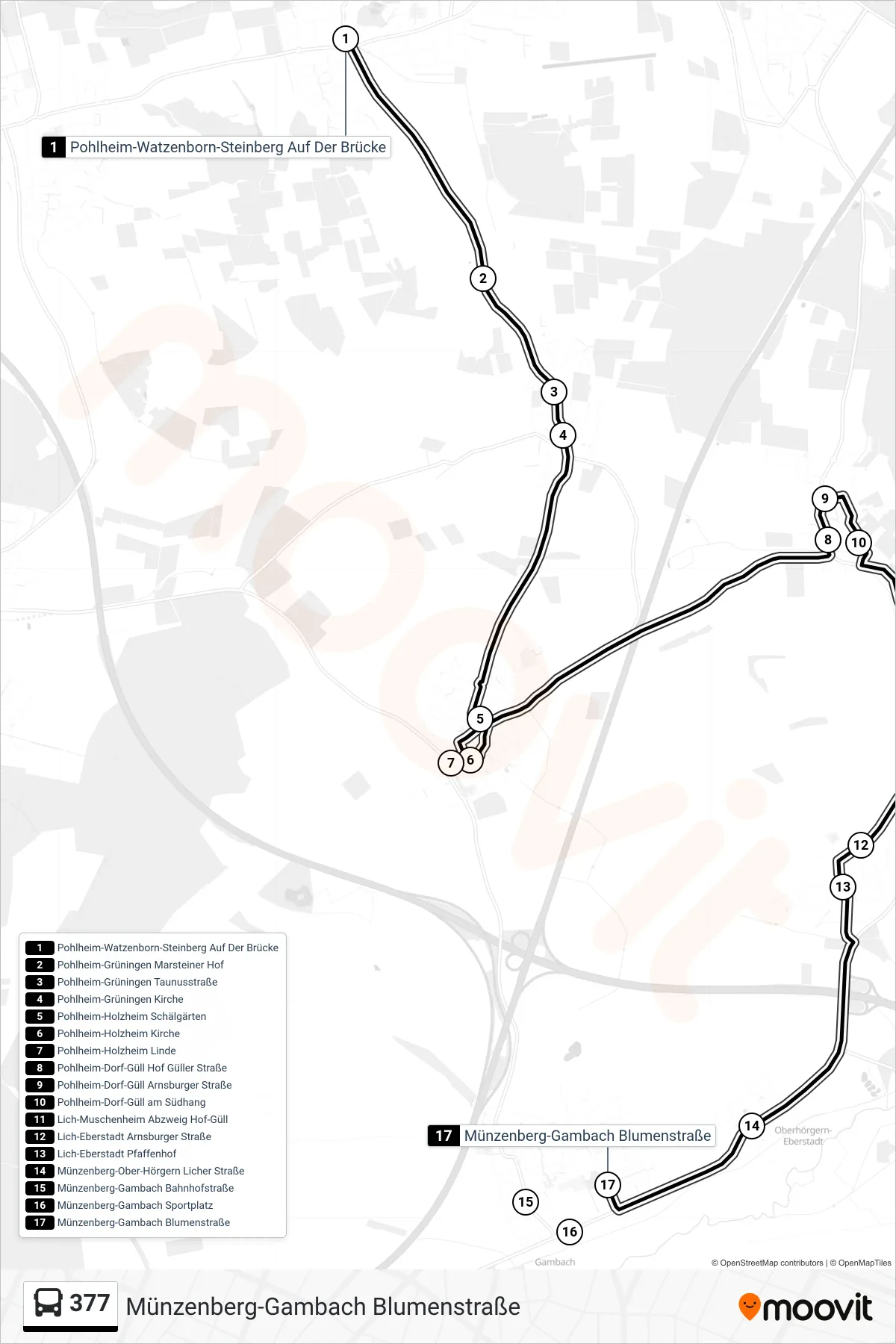 377 bus Line (Münzenberg-Gambach Blumenstraße) route and stops on a map