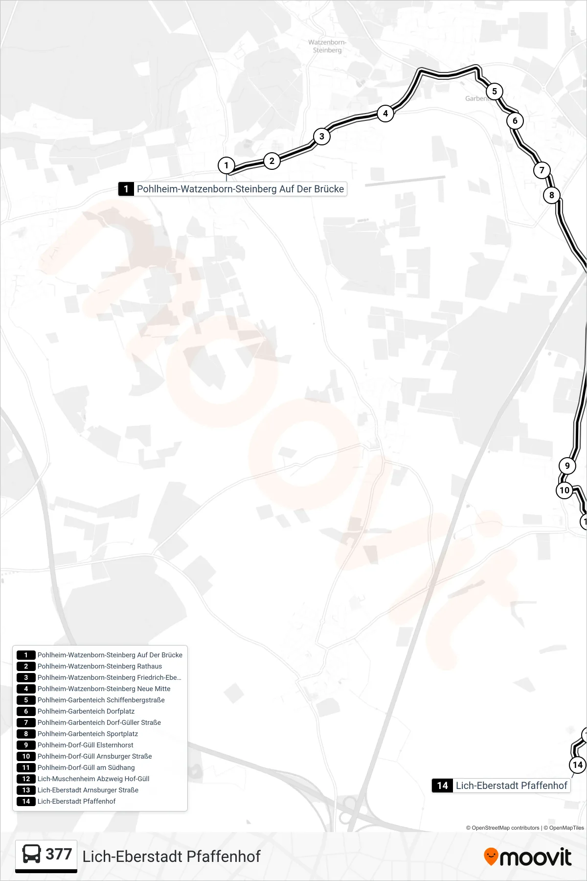377 bus Line (Lich-Eberstadt Pfaffenhof) route and stops on a map