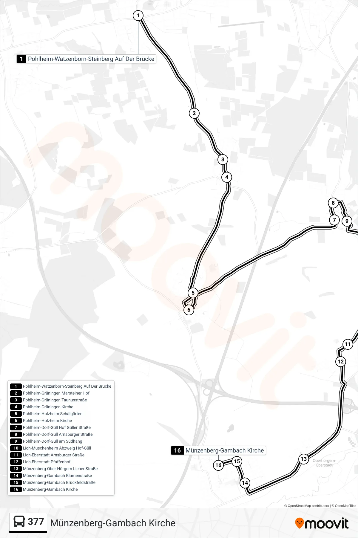 377 bus Line (Münzenberg-Gambach Kirche) route and stops on a map