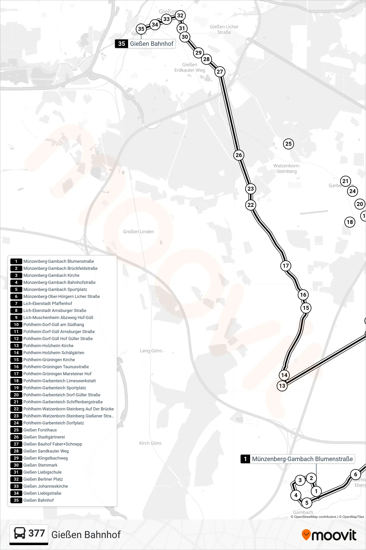 377 bus Line (Gießen Bahnhof) route and stops on a map