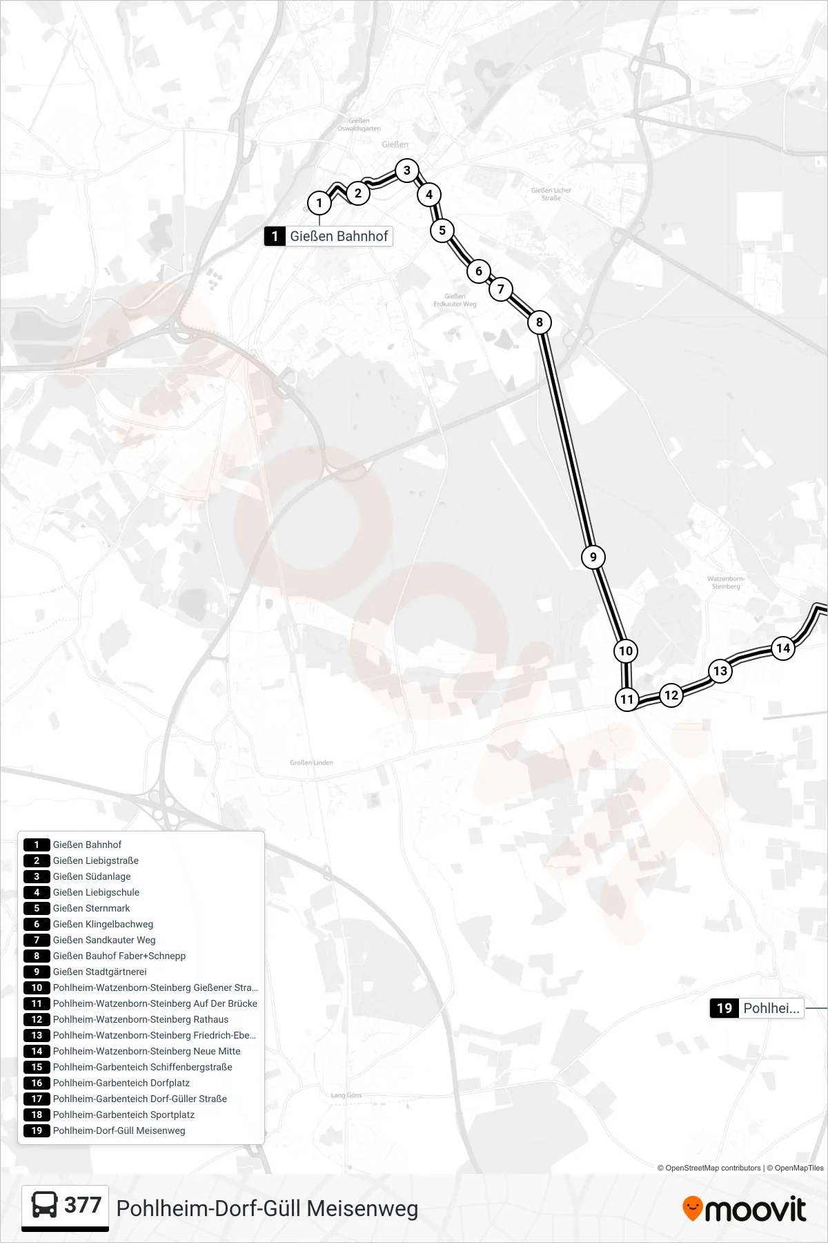 377 bus Line (Pohlheim-Dorf-Güll Meisenweg) route and stops on a map