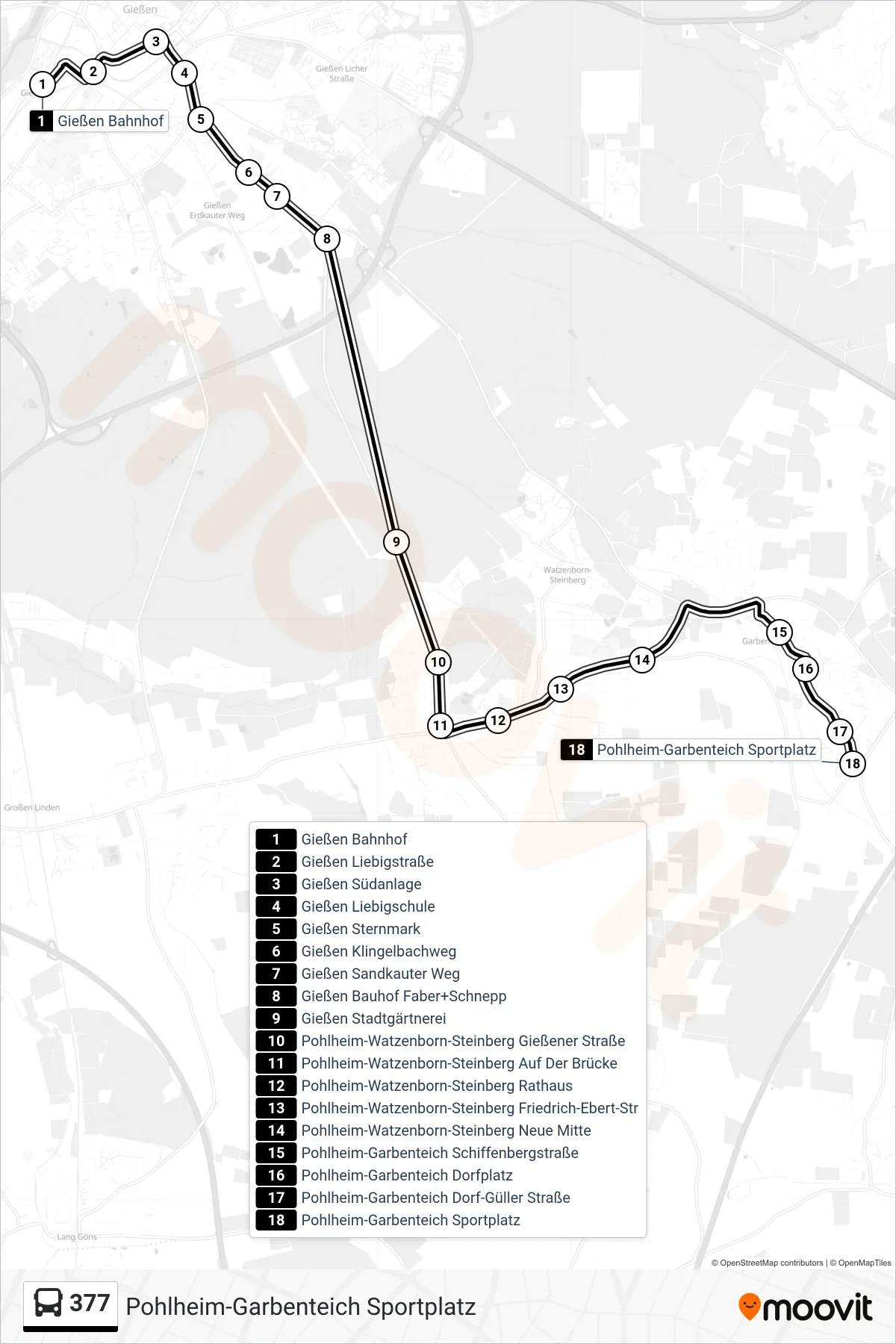 377 bus Line (Pohlheim-Garbenteich Sportplatz) route and stops on a map