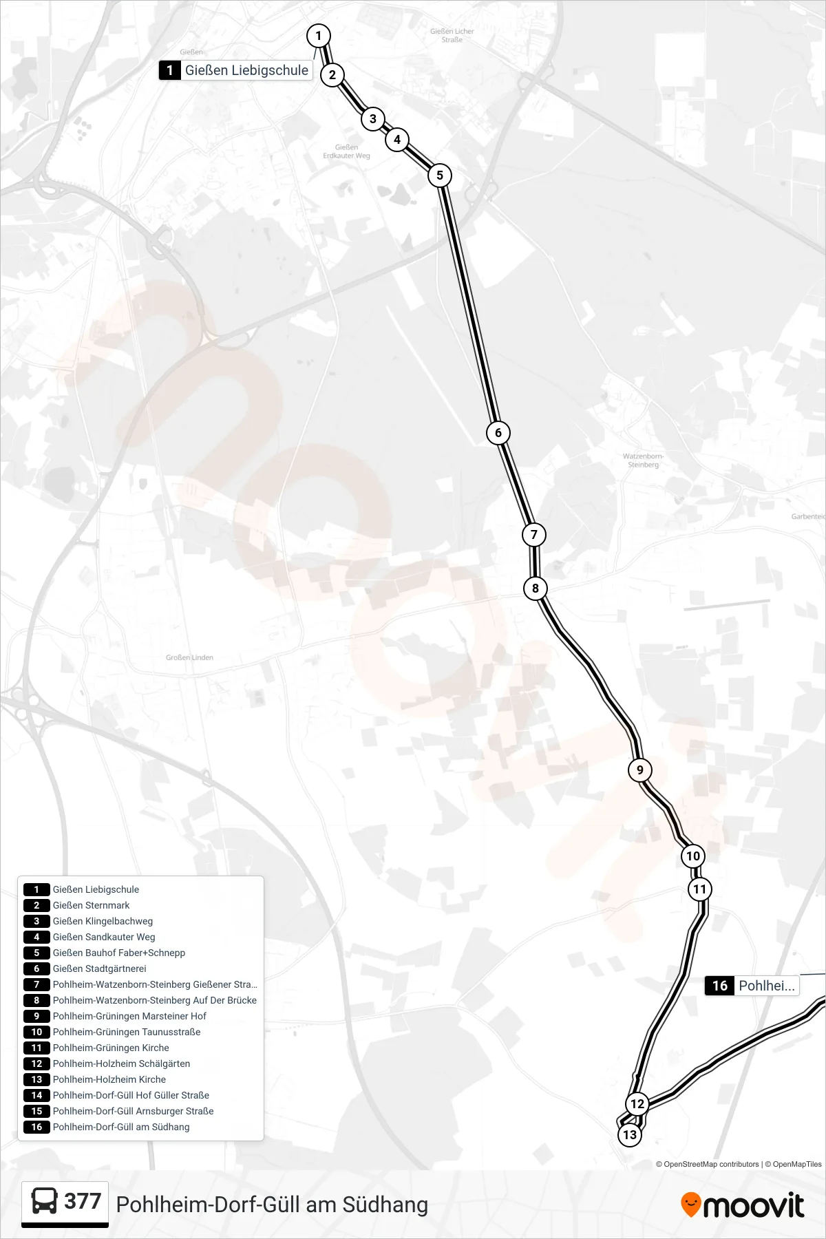 377 bus Line (Pohlheim-Dorf-Güll am Südhang) route and stops on a map