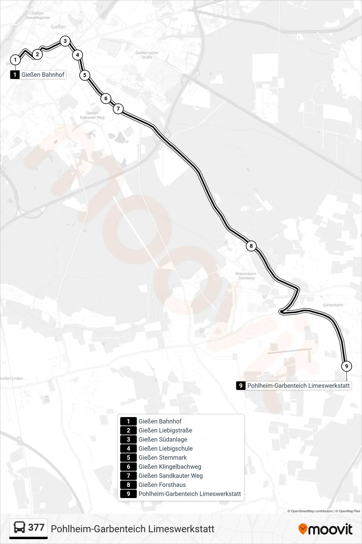 377 bus Line (Pohlheim-Garbenteich Limeswerkstatt) route and stops on a map