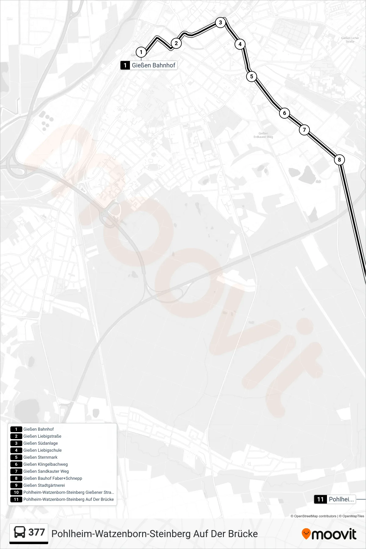 377 bus Line (Pohlheim-Watzenborn-Steinberg Auf Der Brücke) route and stops on a map