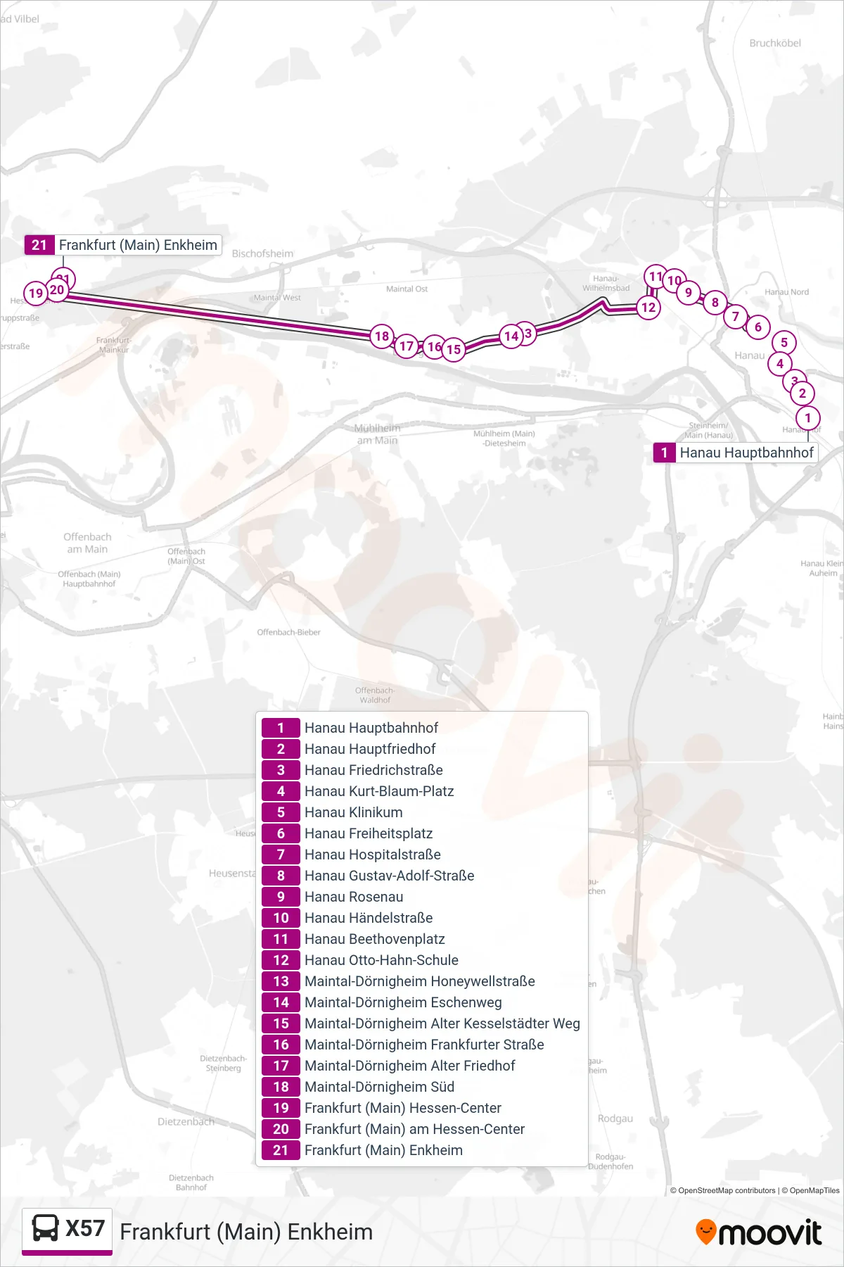 X57 bus Line (Frankfurt (Main) Enkheim) route and stops on a map