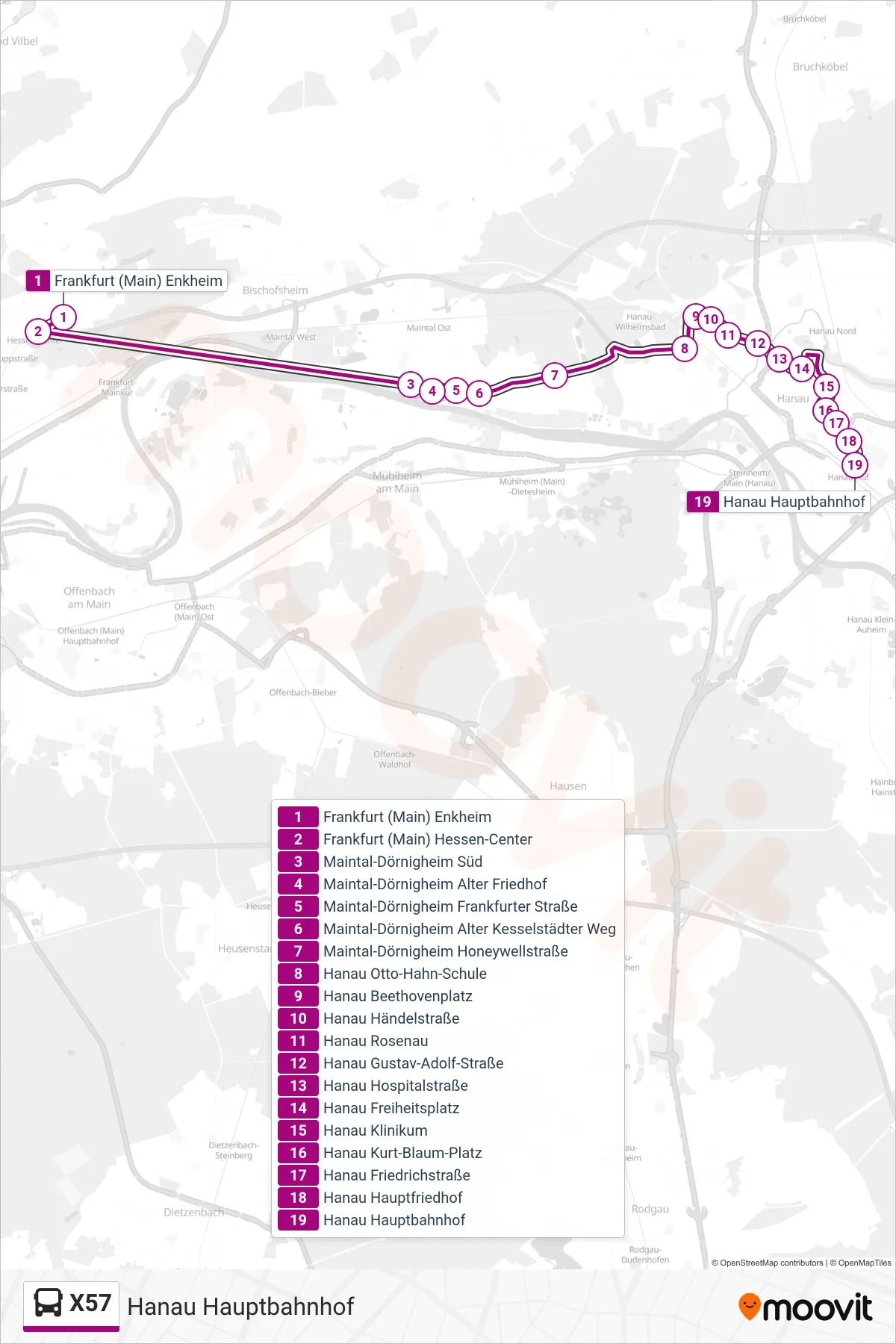 Linie X57 (Bus) Richtung Hanau Hauptbahnhof: Route und Haltestellen auf der Karte