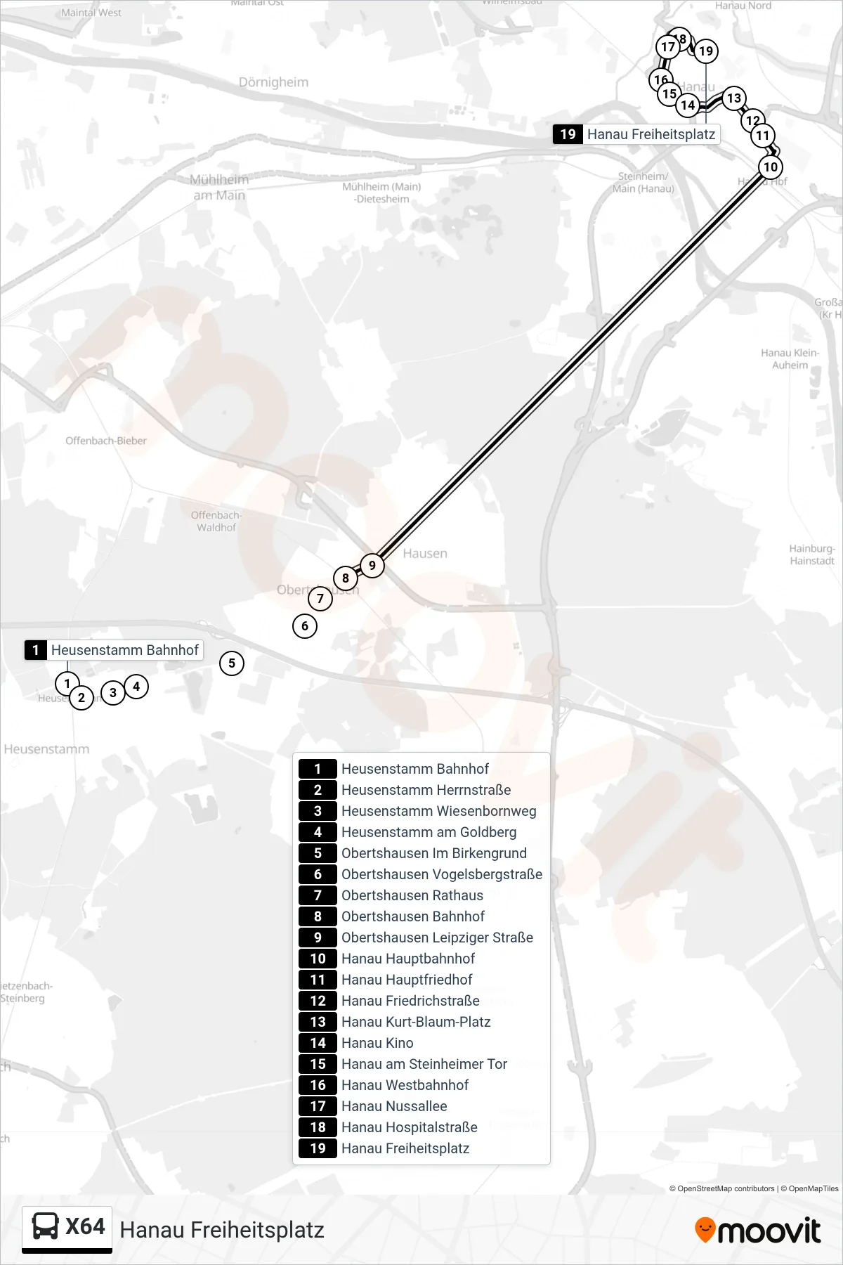 X64 bus Line (Hanau Freiheitsplatz) route and stops on a map