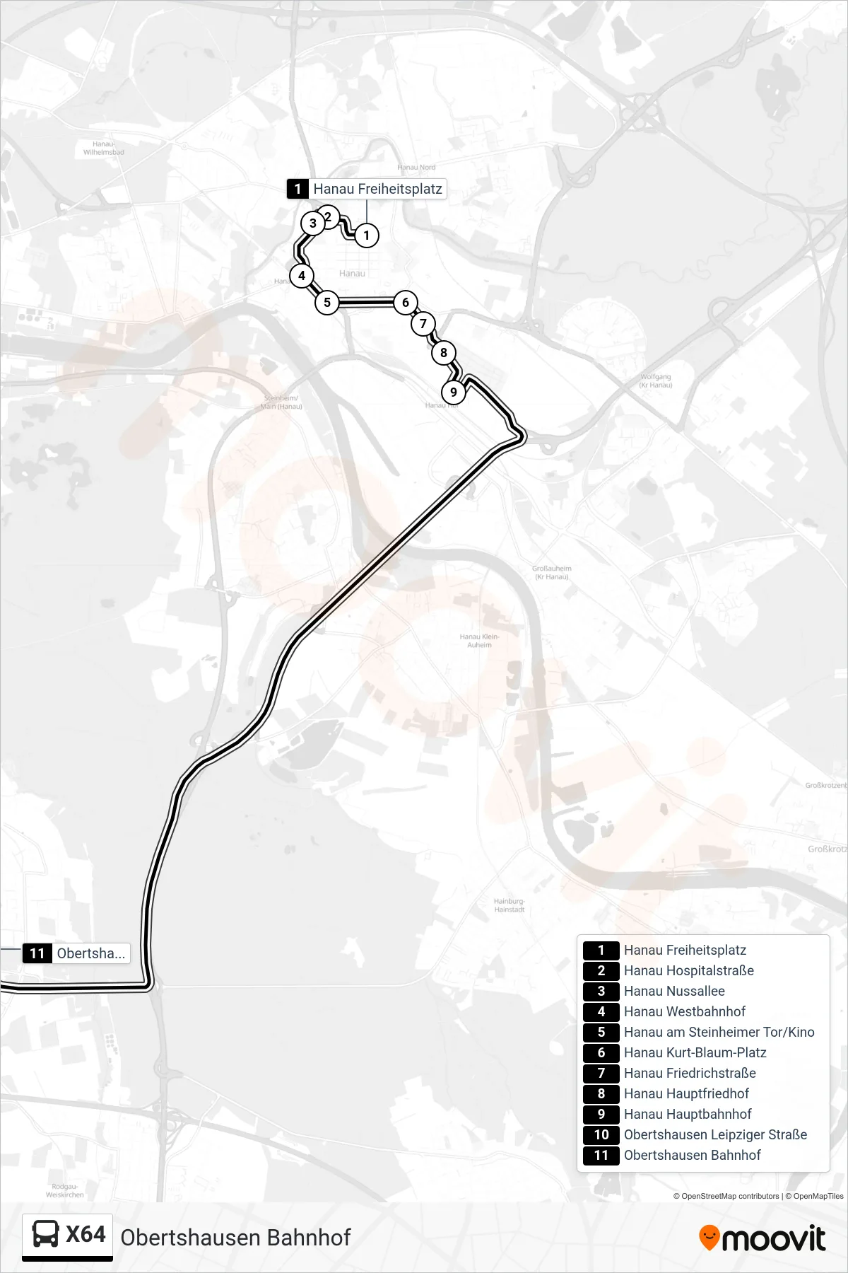 Linie X64 (Bus) Richtung Obertshausen Bahnhof: Route und Haltestellen auf der Karte