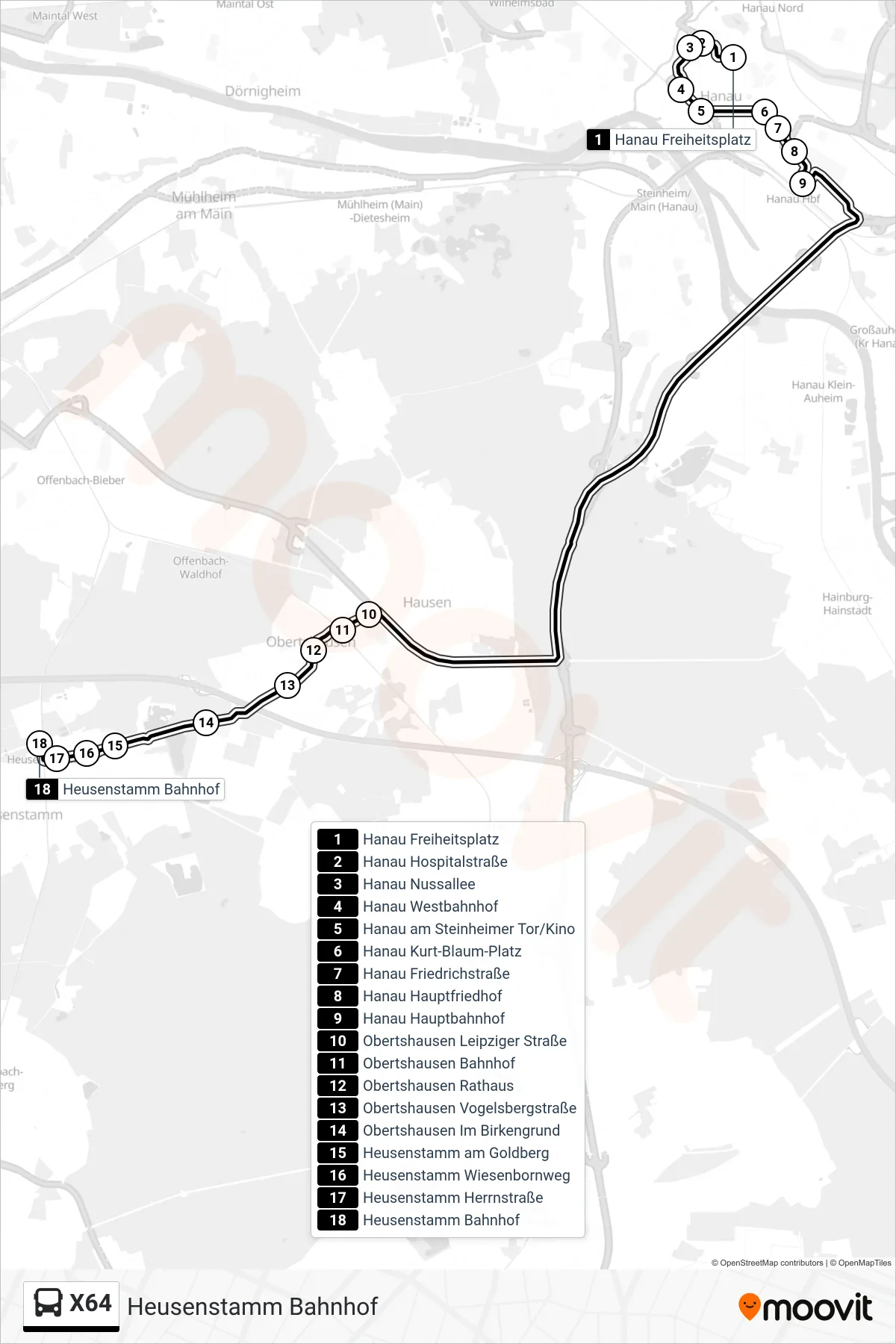 X64 bus Line (Heusenstamm Bahnhof) route and stops on a map