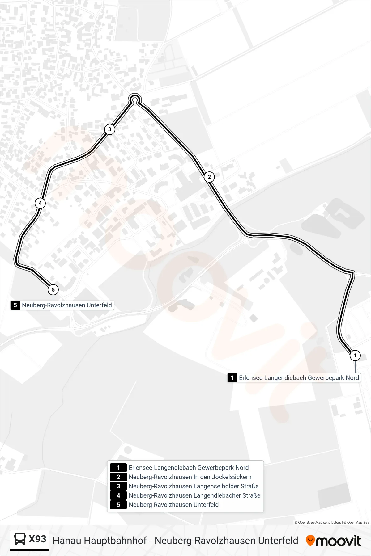 Linie X93 (Bus) Richtung Neuberg-Ravolzhausen Unterfeld: Route und Haltestellen auf der Karte