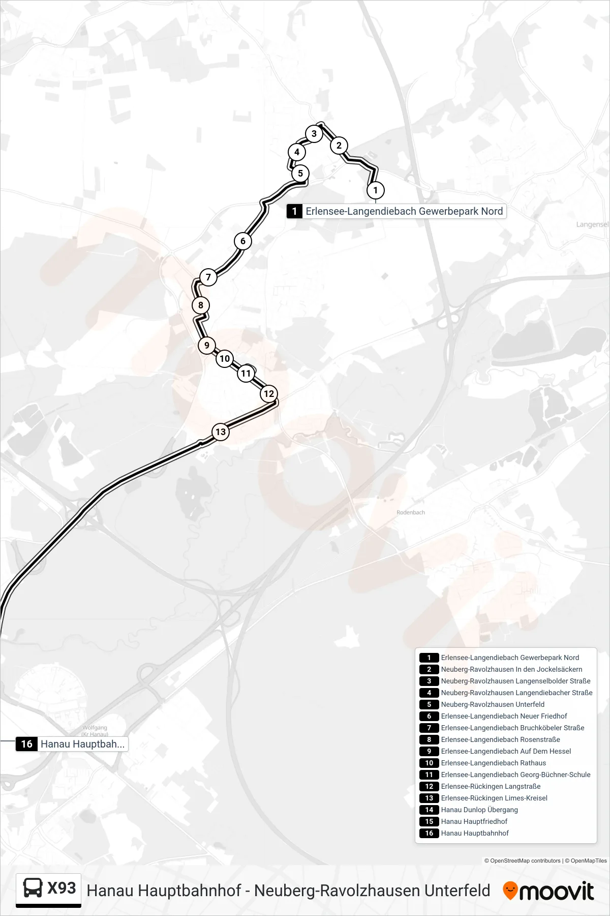 X93 bus Line (Hanau Hauptbahnhof) route and stops on a map