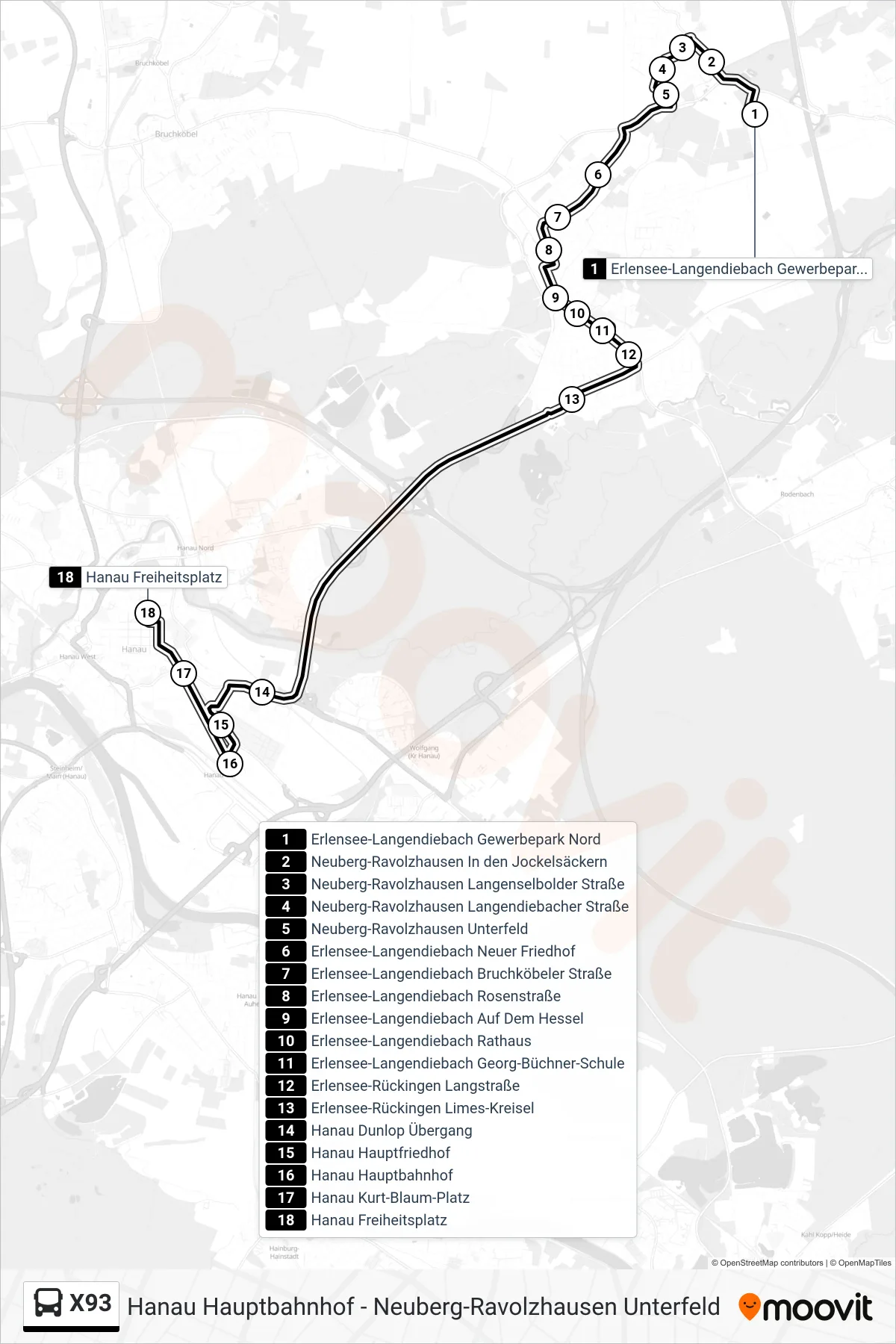 X93 bus Line (Hanau Freiheitsplatz) route and stops on a map