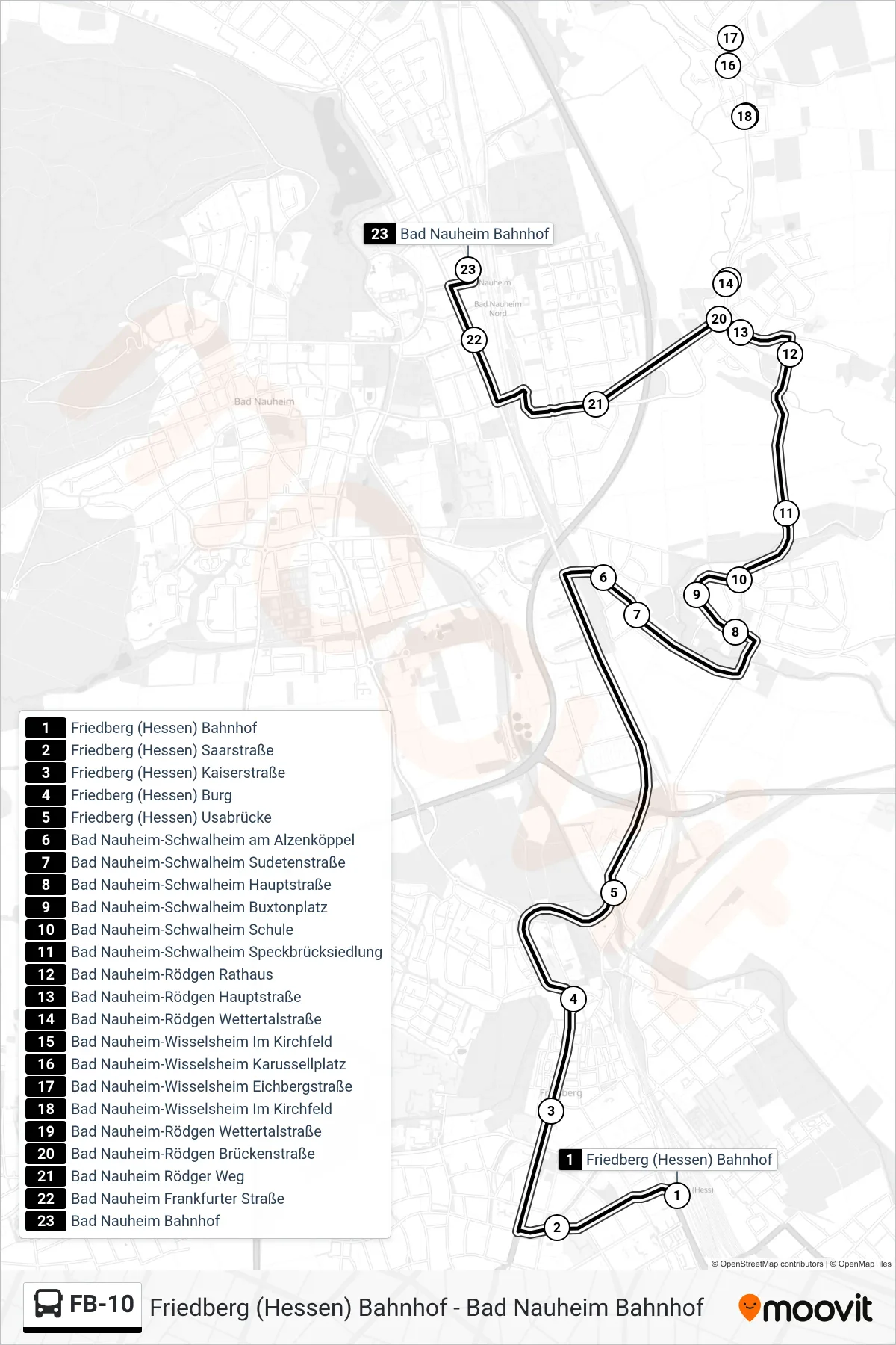 FB-10 bus Line (Bad Nauheim Bahnhof) route and stops on a map