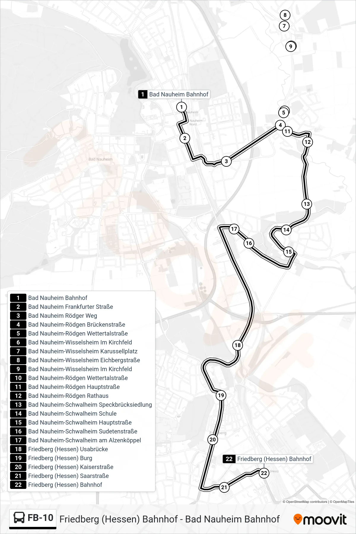FB-10 bus Line (Friedberg (Hessen) Bahnhof) route and stops on a map