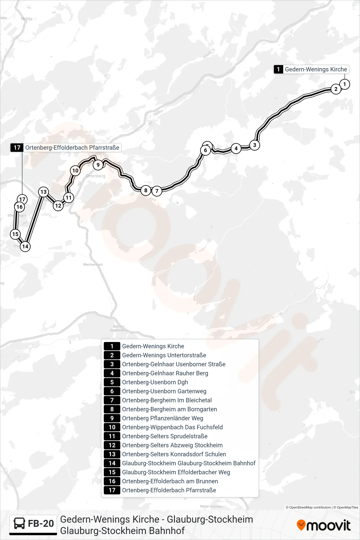 FB-20 bus Line (Ortenberg-Effolderbach Pfarrstraße) route and stops on a map