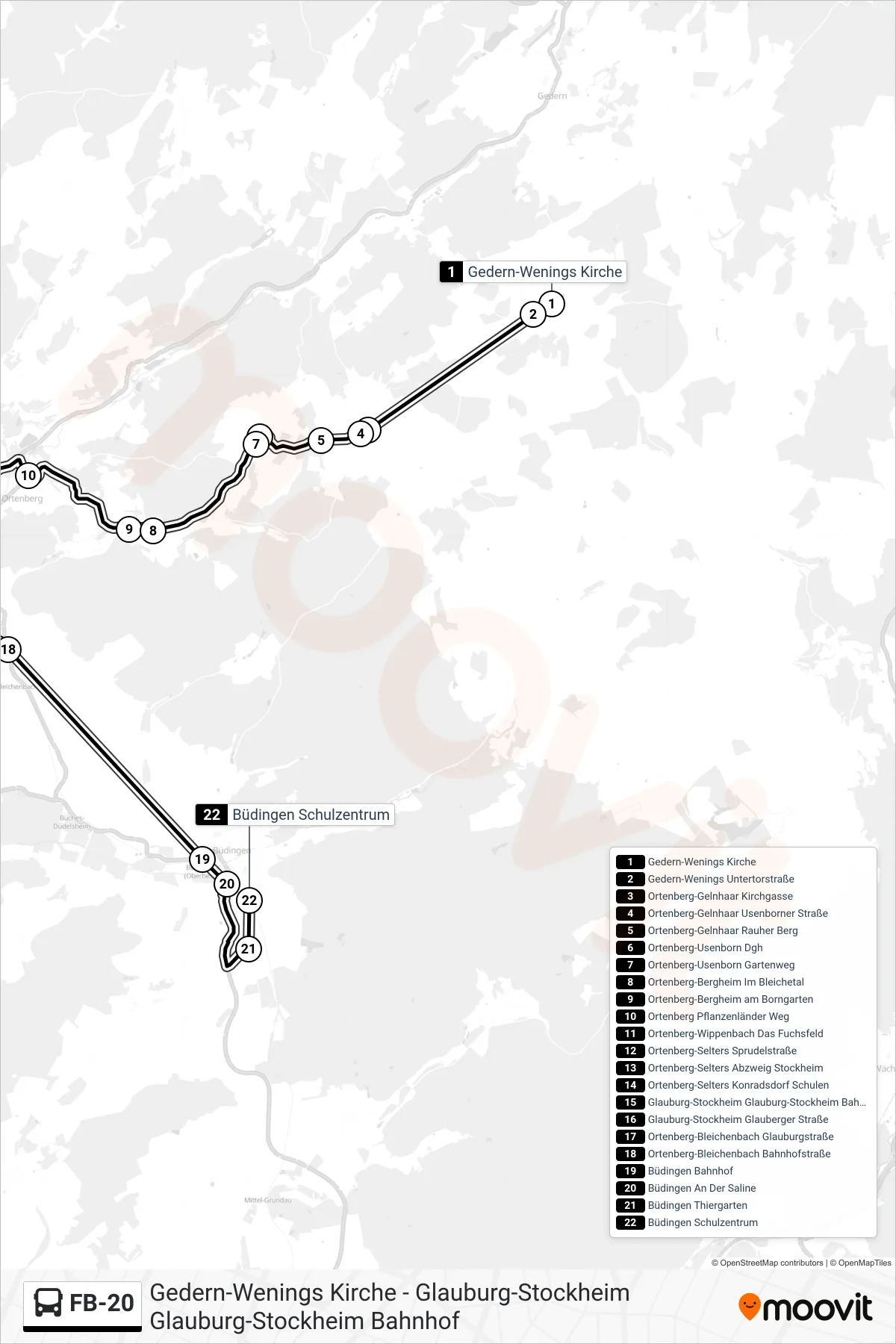 FB-20 bus Line (Büdingen Schulzentrum) route and stops on a map