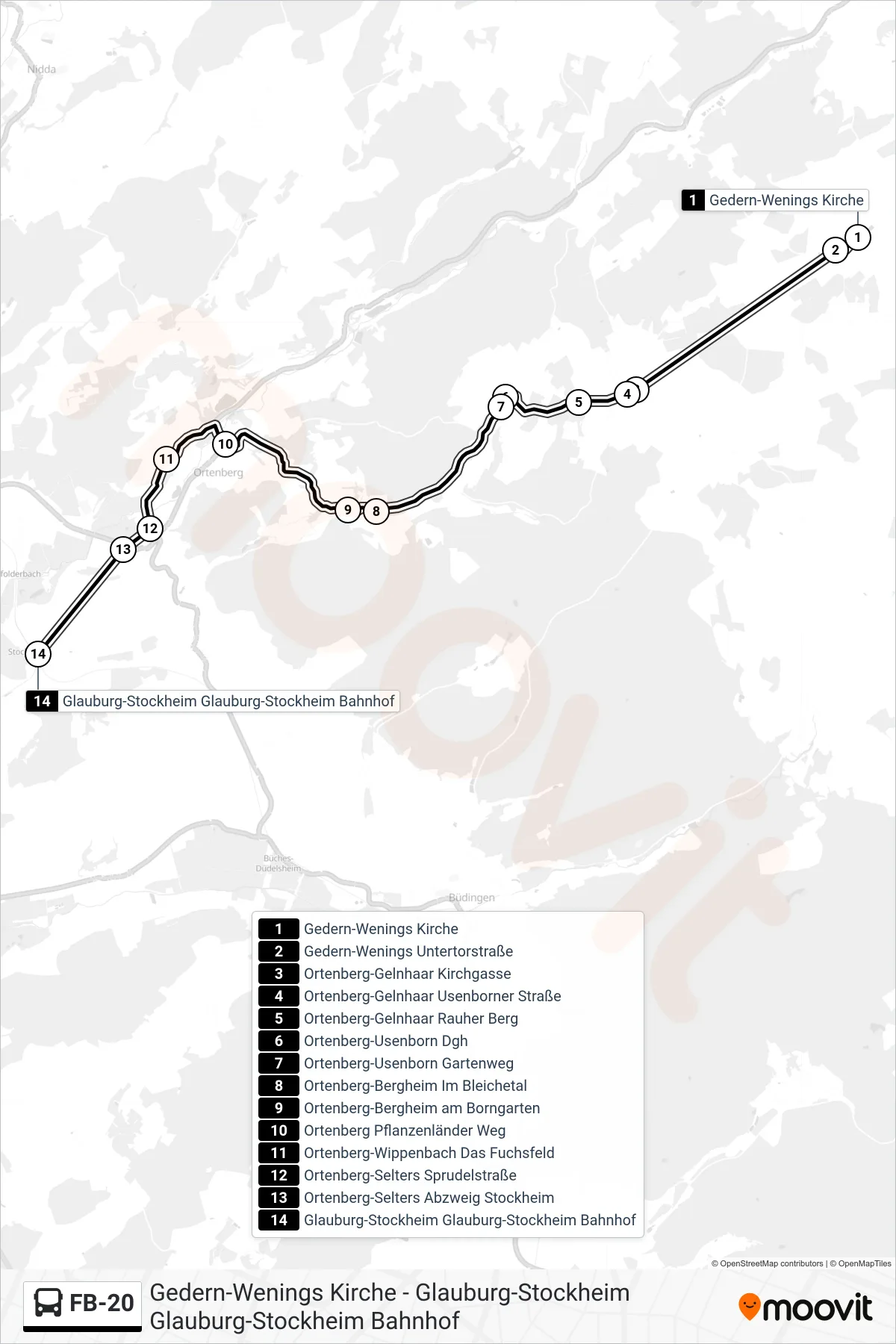 Linie FB-20 (Bus) Richtung Glauburg-Stockheim Glauburg-Stockheim Bahnhof: Route und Haltestellen auf der Karte
