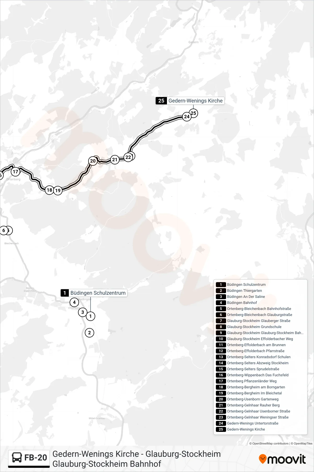 FB-20 bus Line (Gedern-Wenings Kirche) route and stops on a map