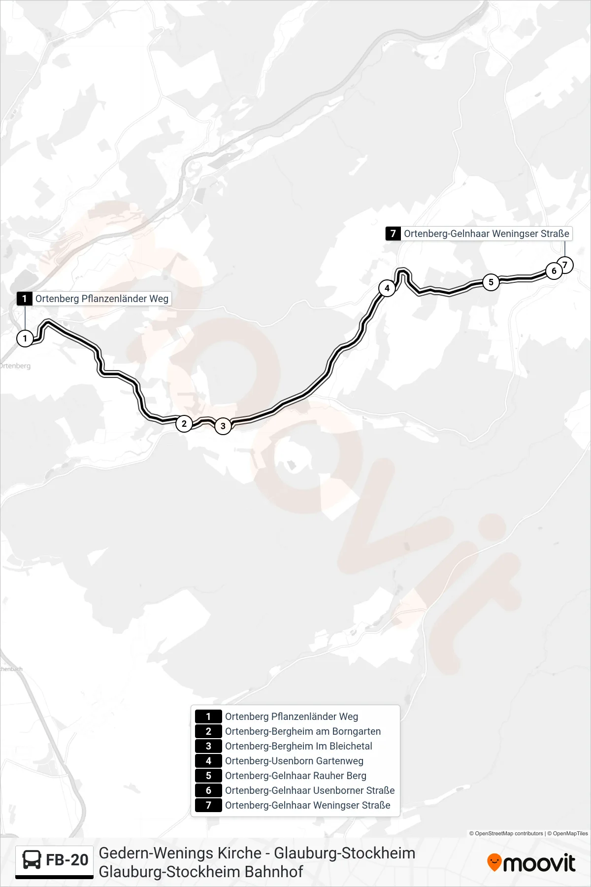 FB-20 bus Line (Ortenberg-Gelnhaar Weningser Straße) route and stops on a map