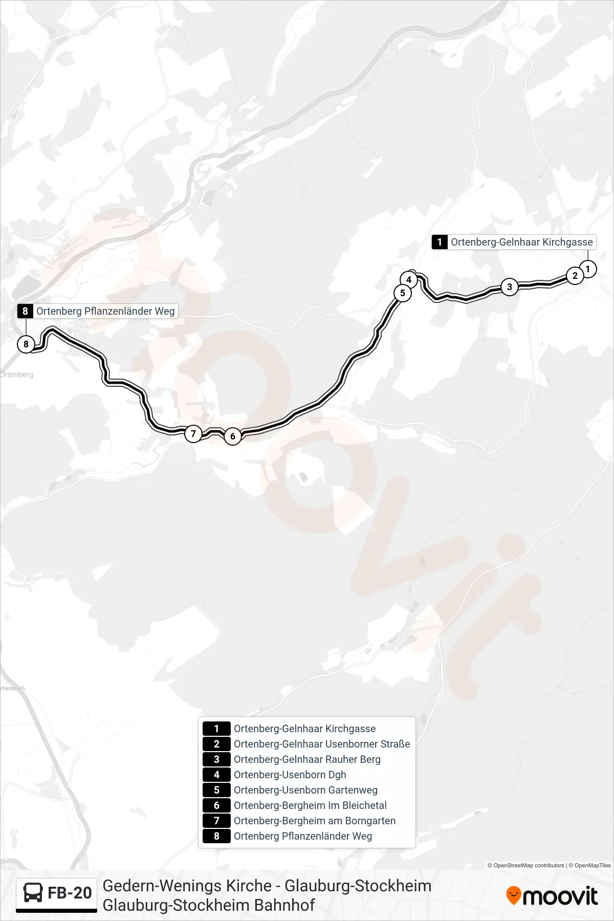FB-20 bus Line (Ortenberg Pflanzenländer Weg) route and stops on a map