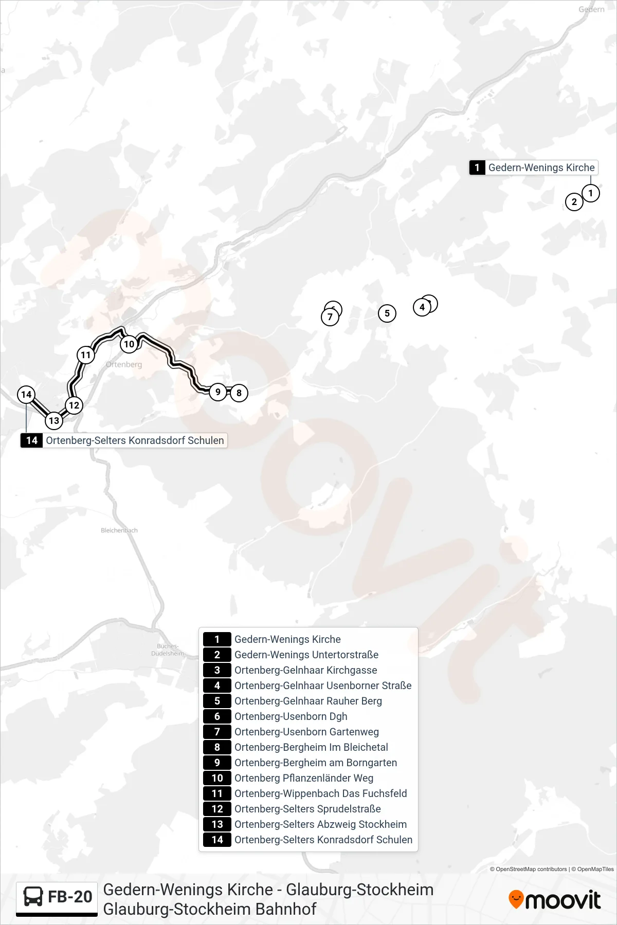 FB-20 bus Line (Ortenberg-Selters Konradsdorf Schulen) route and stops on a map