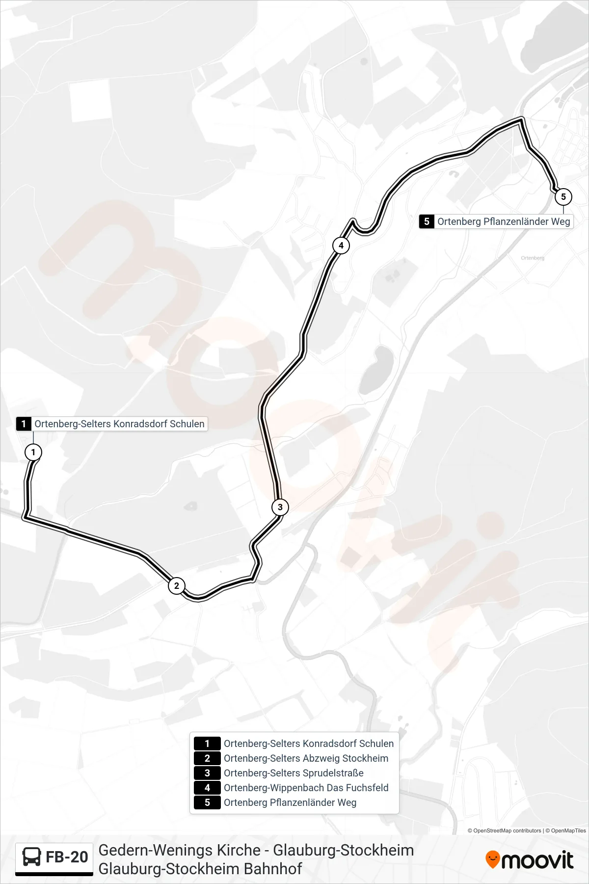 FB-20 bus Line (Ortenberg Pflanzenländer Weg) route and stops on a map