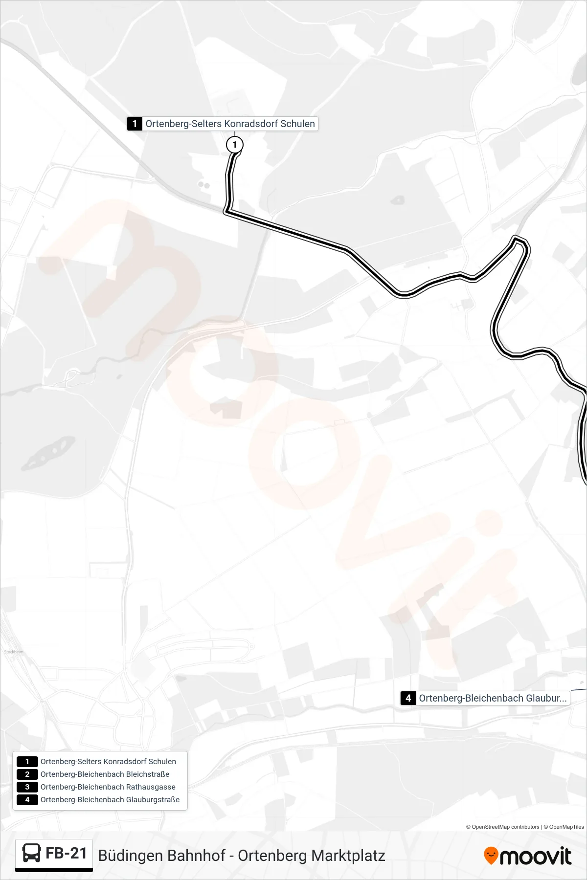 FB-21 bus Line (Ortenberg-Bleichenbach Glauburgstraße) route and stops on a map