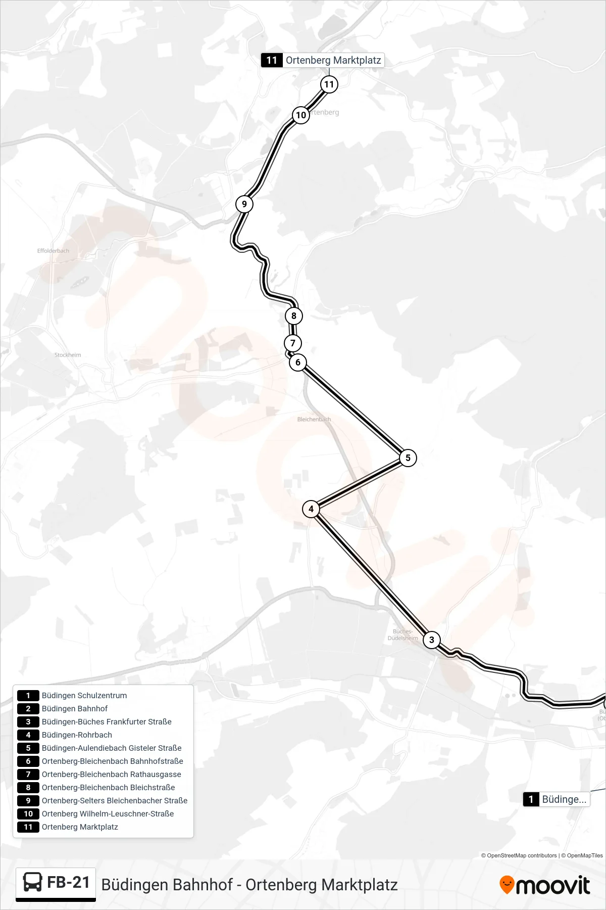 FB-21 bus Line (Ortenberg Marktplatz) route and stops on a map