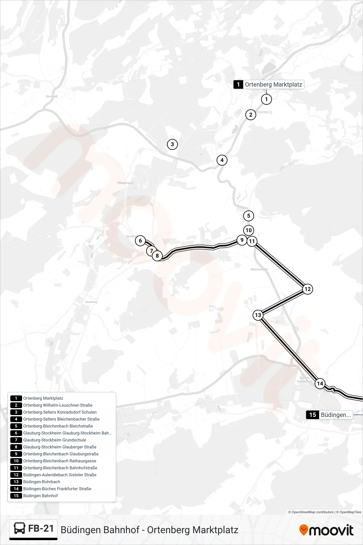 FB-21 bus Line (Büdingen Bahnhof) route and stops on a map