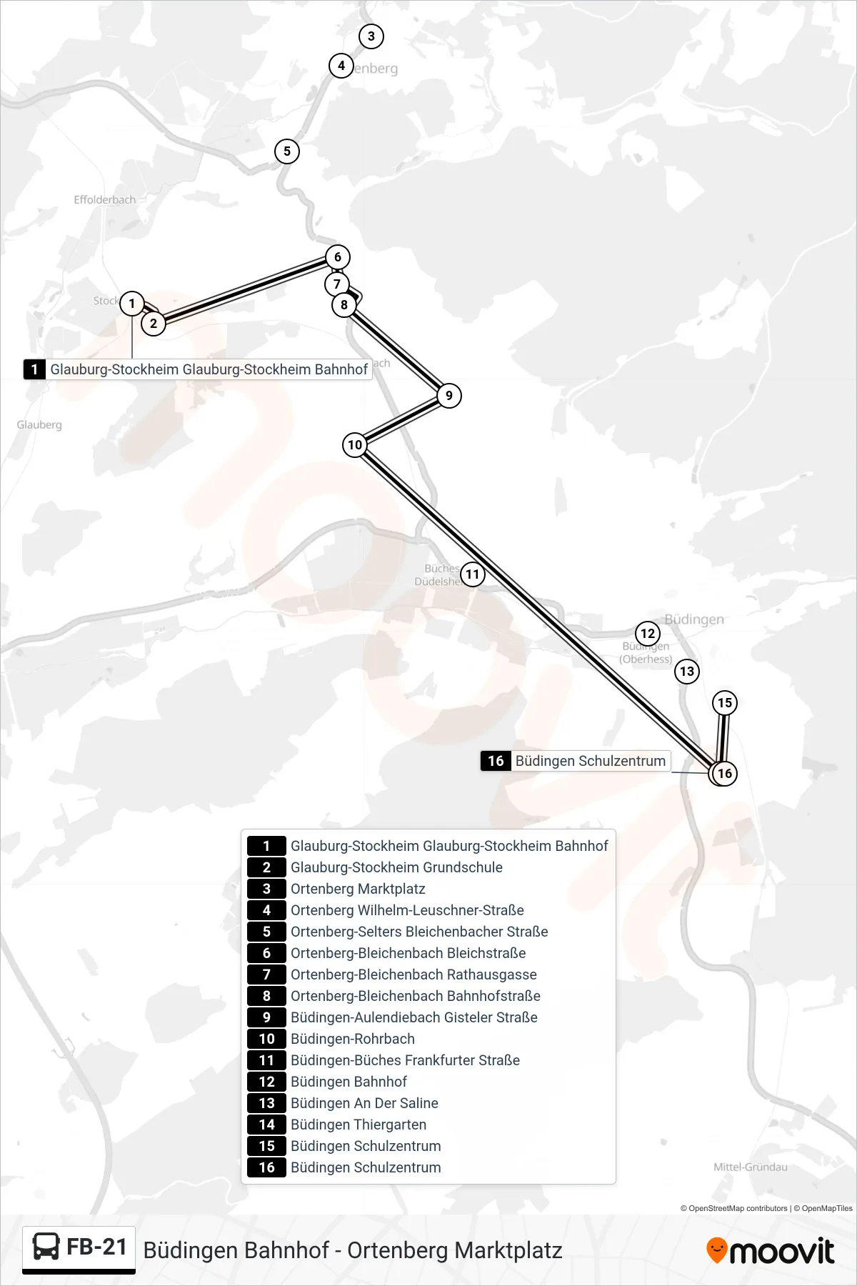FB-21 bus Line (Büdingen Schulzentrum) route and stops on a map