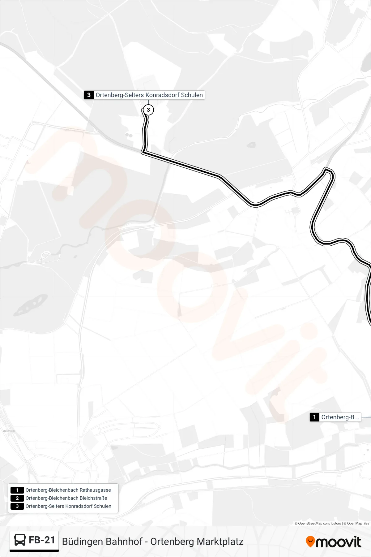 FB-21 bus Line (Ortenberg-Selters Konradsdorf Schulen) route and stops on a map
