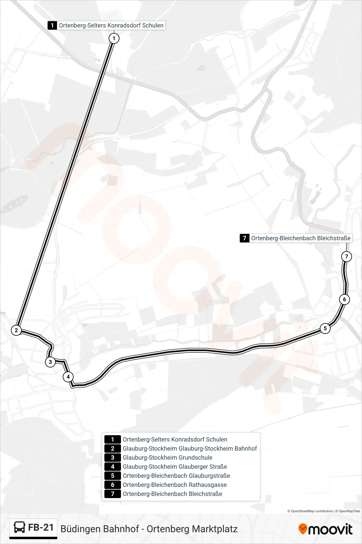 FB-21 bus Line (Ortenberg-Bleichenbach Bleichstraße) route and stops on a map