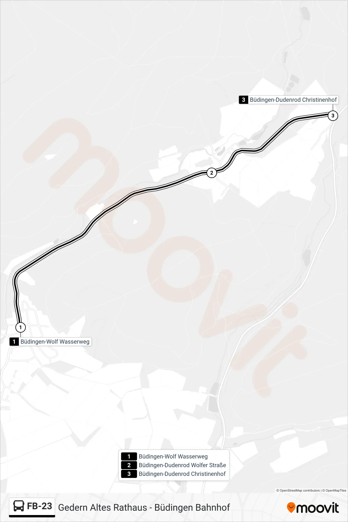 FB-23 bus Line (Büdingen-Dudenrod Christinenhof) route and stops on a map
