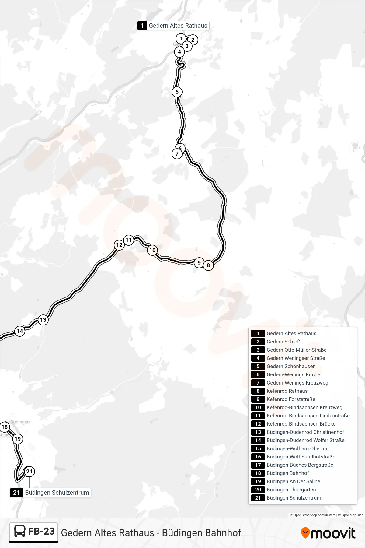 FB-23 bus Line (Büdingen Schulzentrum) route and stops on a map