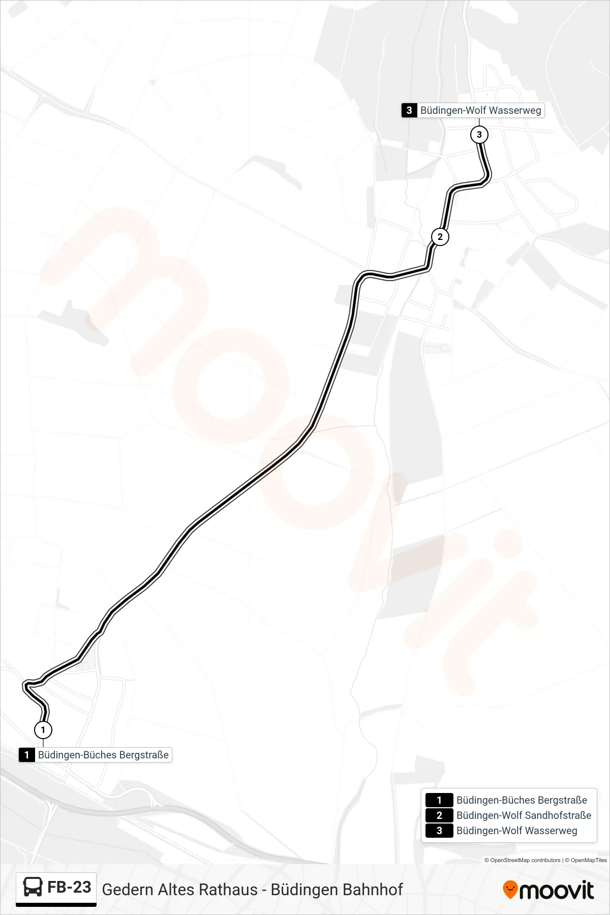 FB-23 bus Line (Büdingen-Wolf Wasserweg) route and stops on a map