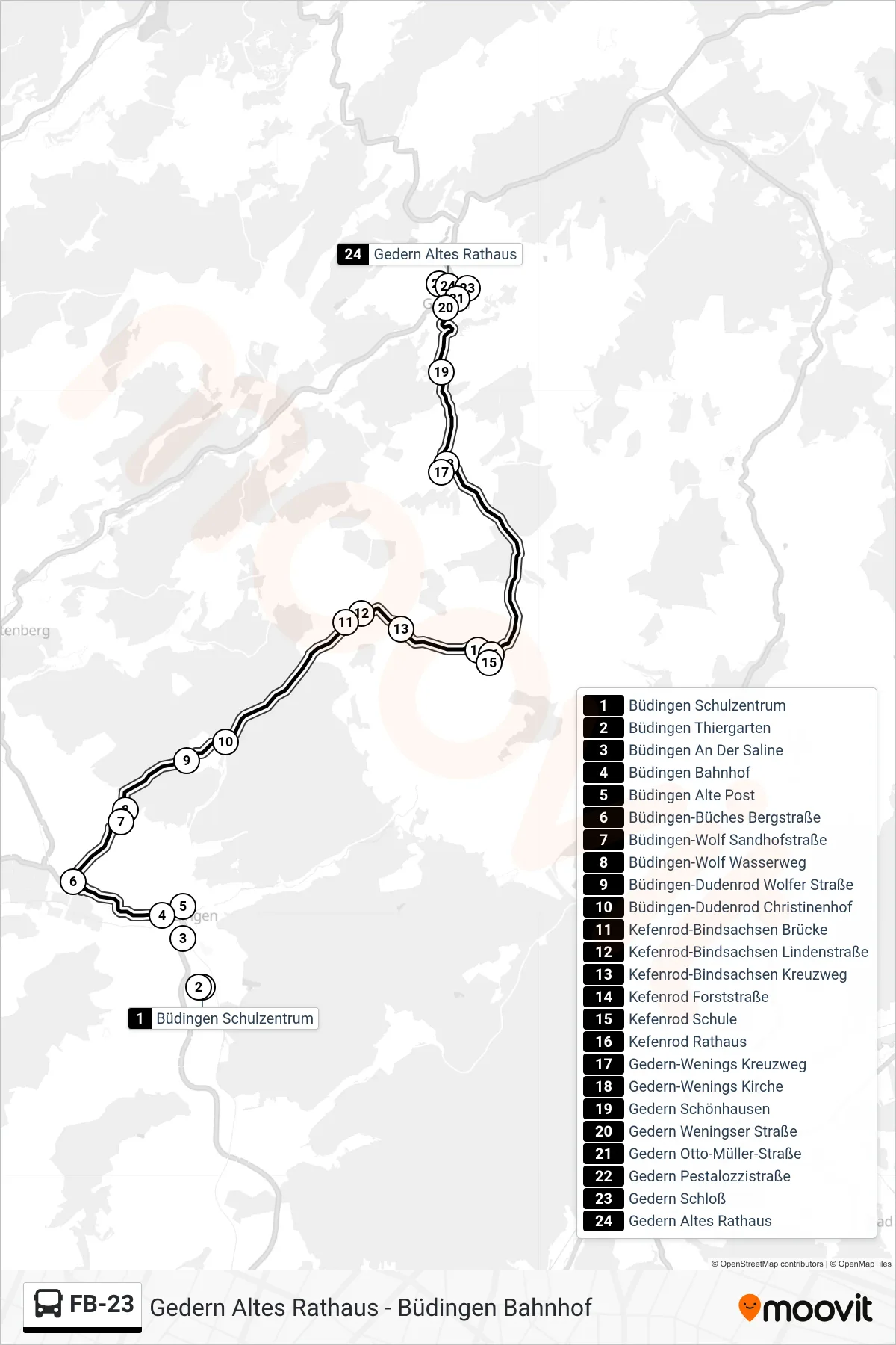 FB-23 bus Line (Gedern Altes Rathaus) route and stops on a map