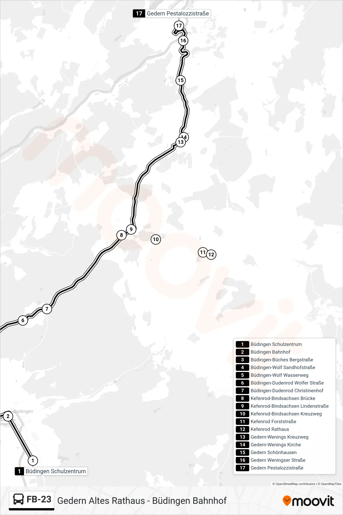 FB-23 bus Line (Gedern Pestalozzistraße) route and stops on a map