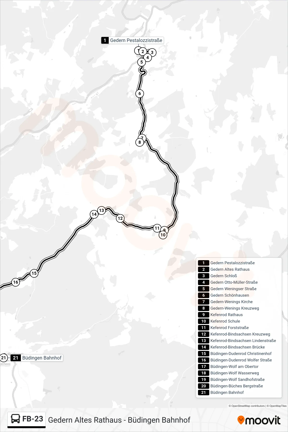 FB-23 bus Line (Büdingen Bahnhof) route and stops on a map