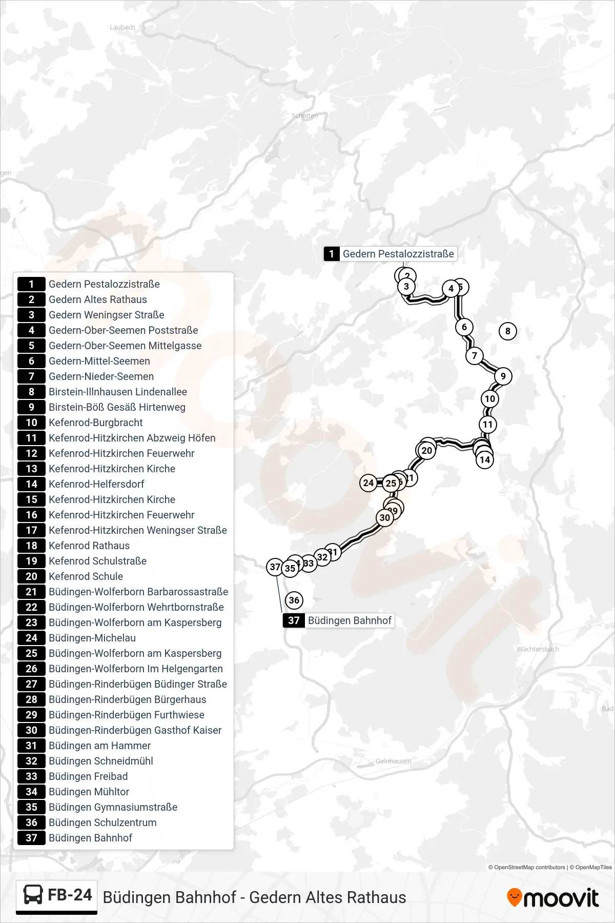 FB-24 bus Line (Büdingen Bahnhof) route and stops on a map