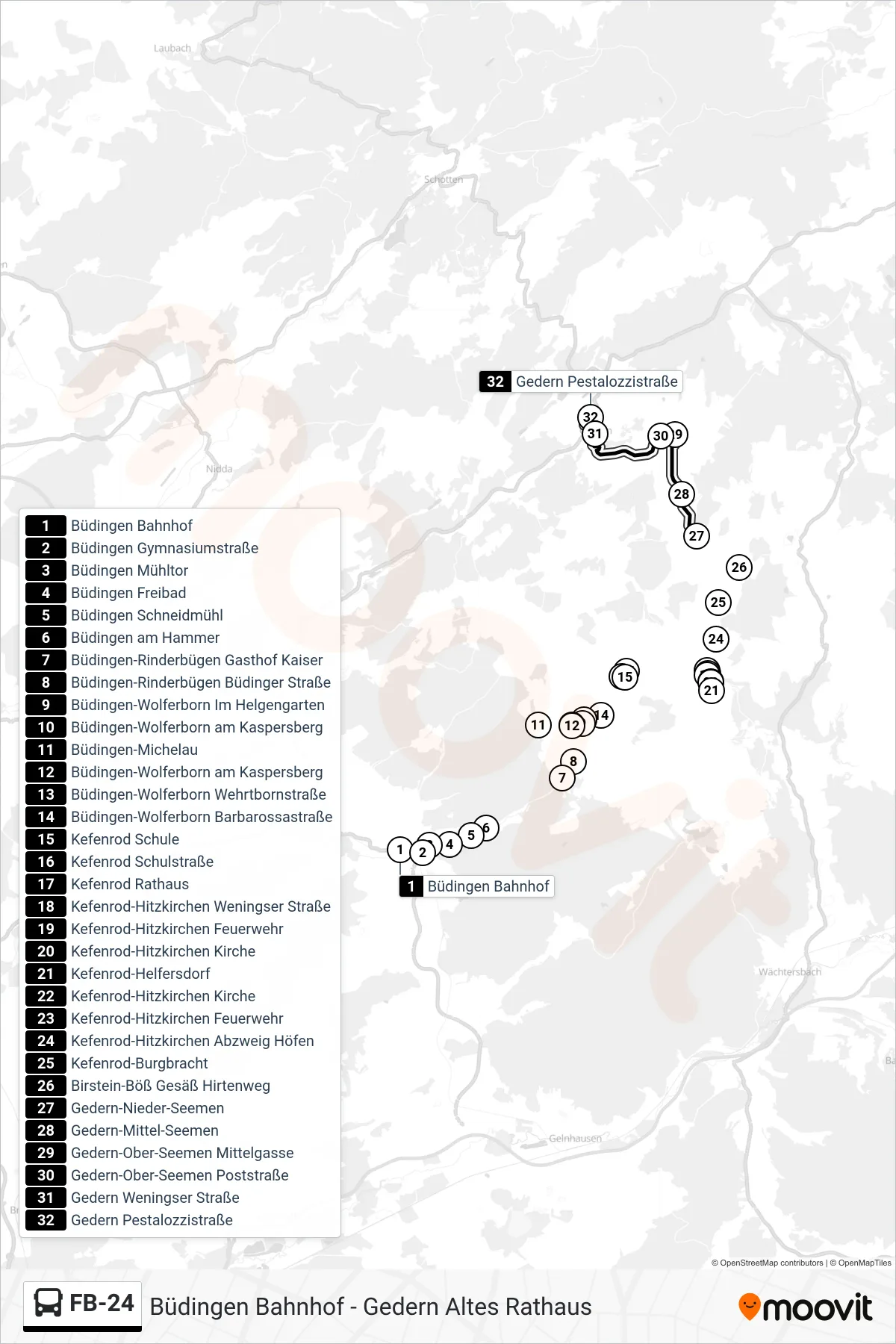FB-24 bus Line (Gedern Pestalozzistraße) route and stops on a map