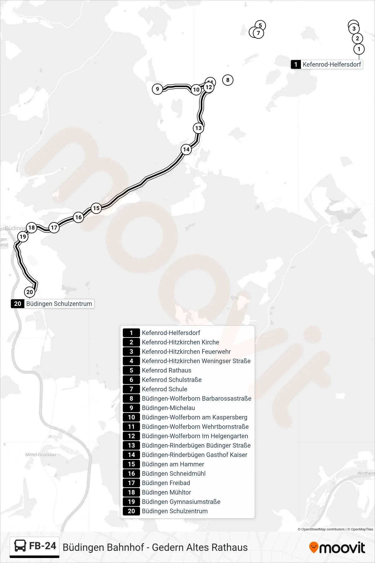 FB-24 bus Line (Büdingen Schulzentrum) route and stops on a map