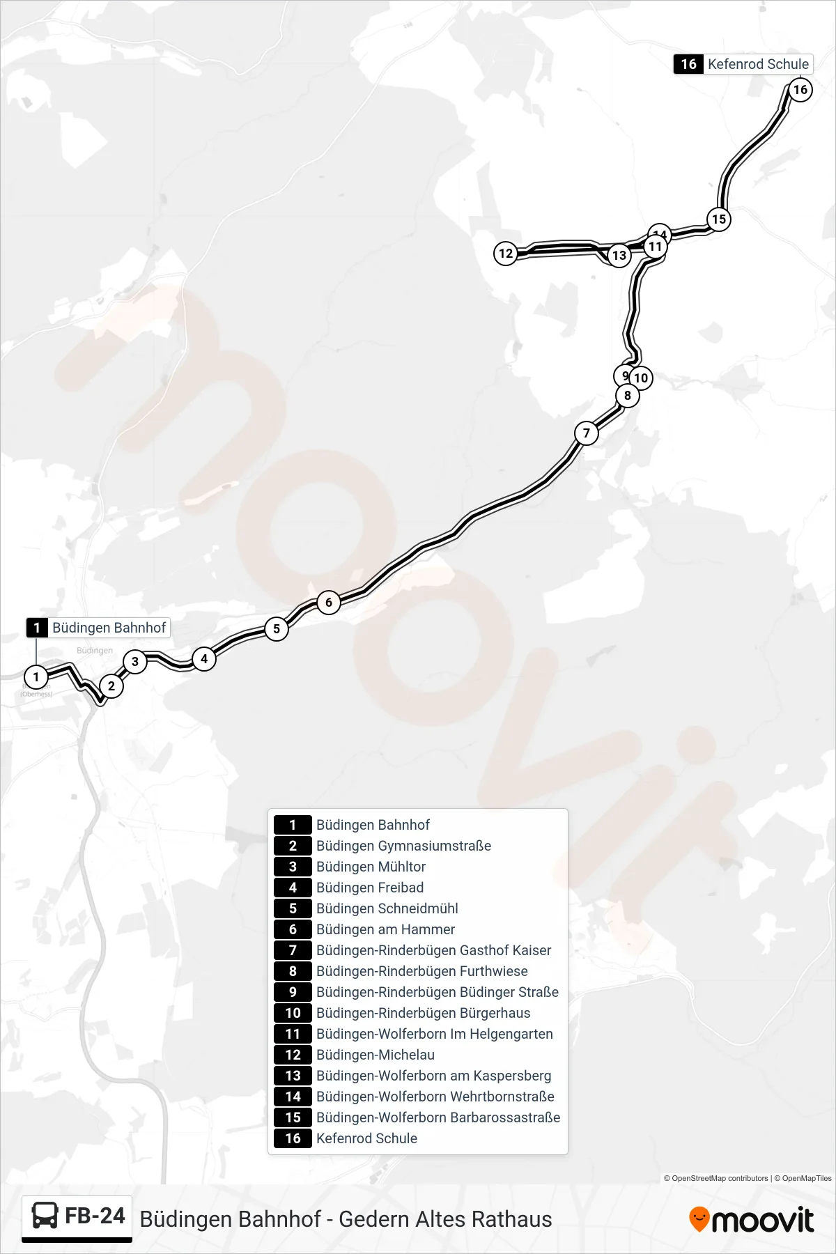 FB-24 bus Line (Kefenrod Schule) route and stops on a map