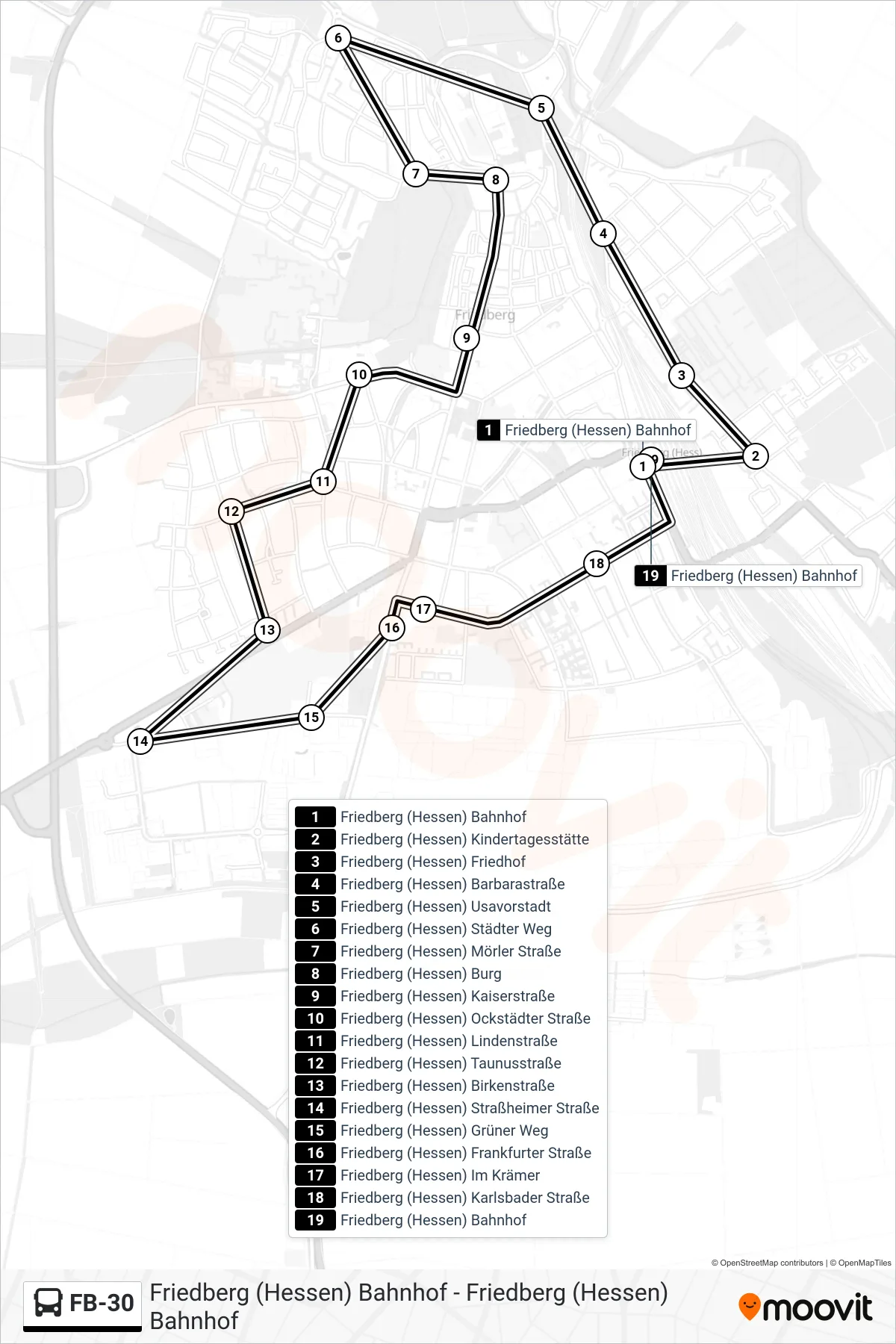 Linie FB-30 (Bus) Richtung Friedberg (Hessen) Bahnhof: Route und Haltestellen auf der Karte