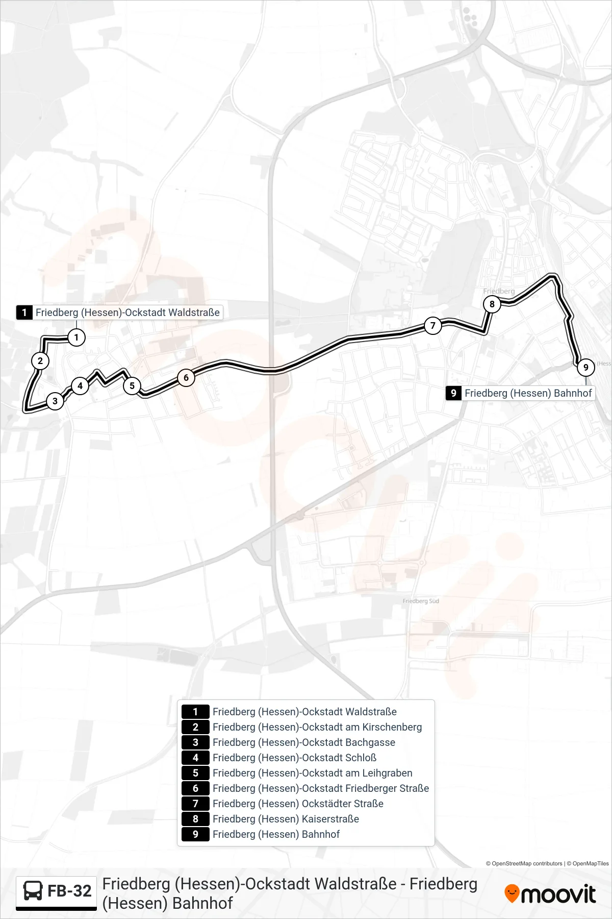 Linie FB-32 (Bus) Richtung Friedberg (Hessen) Bahnhof: Route und Haltestellen auf der Karte
