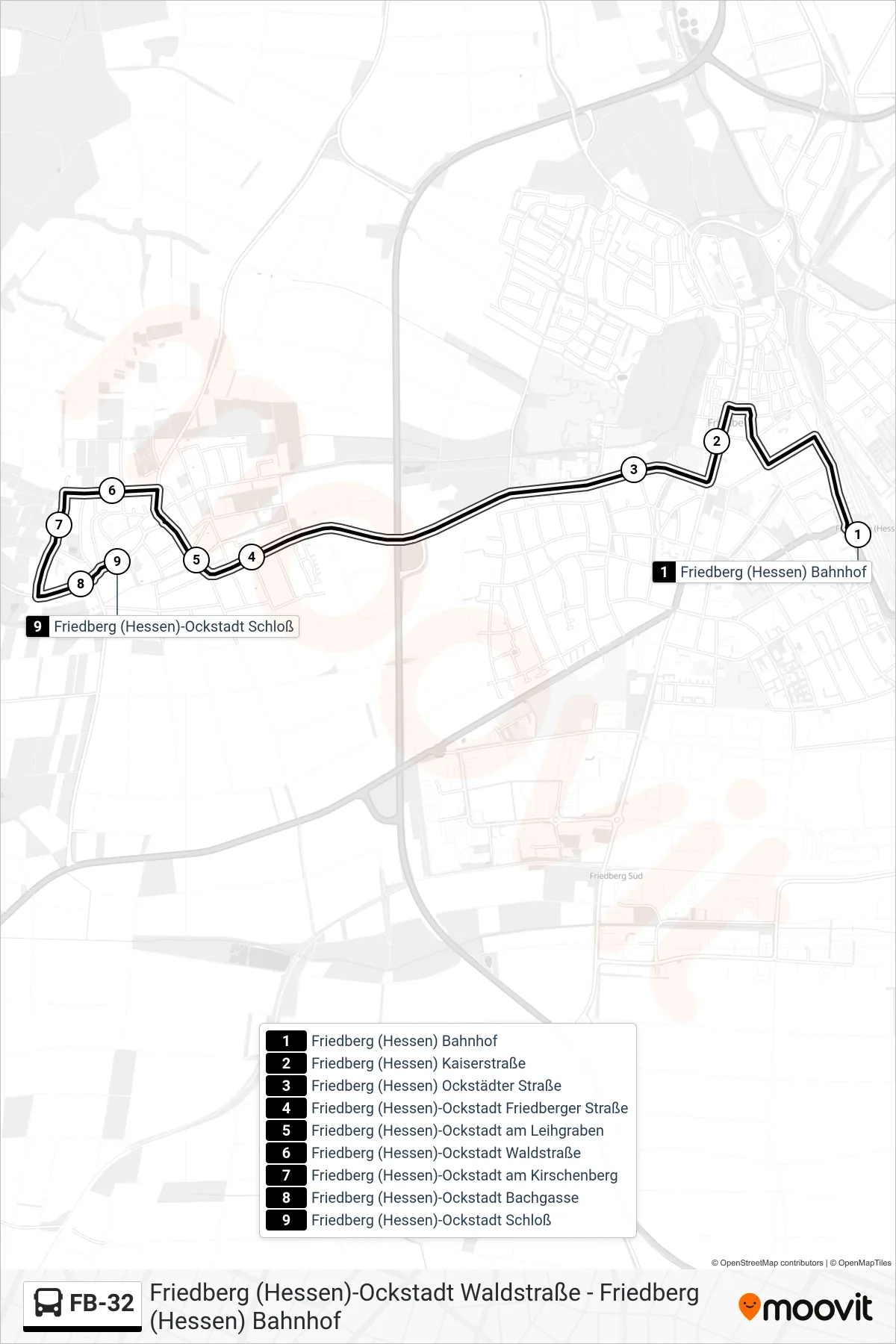 Linie FB-32 (Bus) Richtung Friedberg (Hessen)-Ockstadt Schloß: Route und Haltestellen auf der Karte